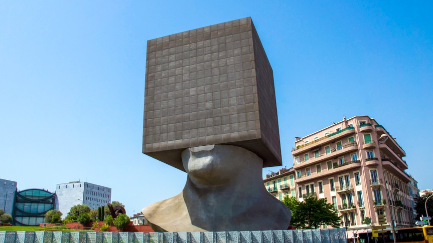 NICE, FRANCE - MAY 2: Square Head - building cube shaped as human head sculpture on May 2, 2013 in Nice, France.