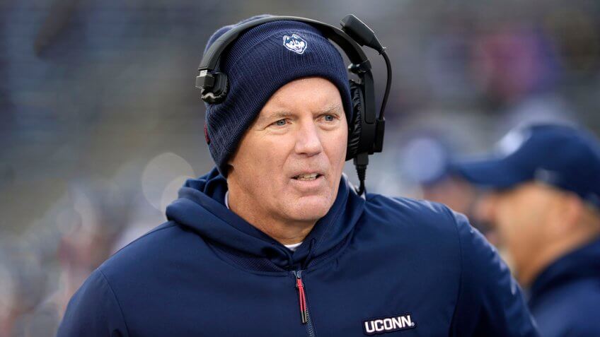 Connecticut head coach Randy Edsall works the sideline during the first half of an NCAA college football game against Temple, in East Hartford, Conn