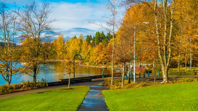 A view of autumn leaves at Coulon Park in Renton, Washington.