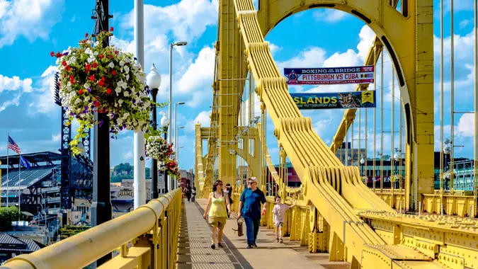 Pittsburgh, Pennsylvania, United States - July 31, 2016: Pedestrians crossing the Roberto Clemente Bridge on a beautiful summer day.