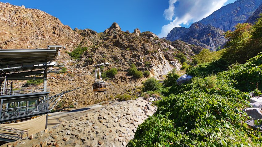 This is an HDR photo of the tram headed to the peak of San Jacinto in Southern California.