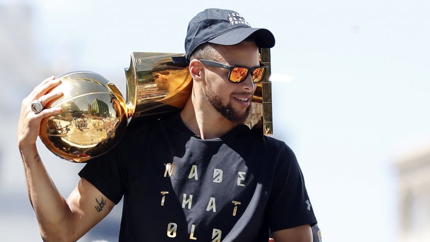 Steph Curry holding NBA Larry O'Brien Championship Trophy in 2017