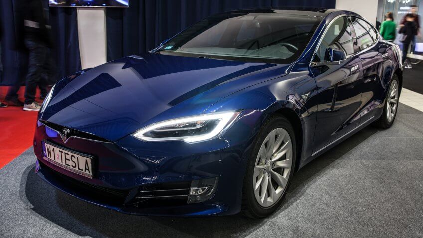 Nadarzyn, Poland, October 27, 2017: metallic blue Tesla Model S 75D at Warsaw Moto Show, produced by American automaker Tesla, main shareholder Elon Musk - Image.