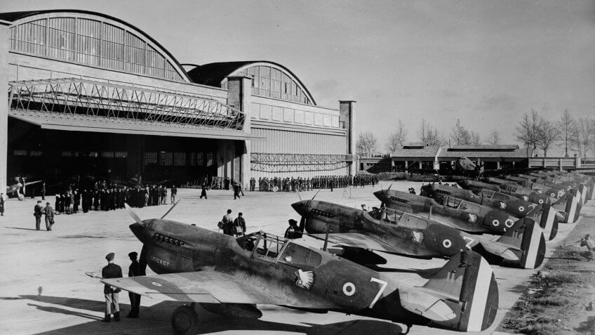 WWII, 'Line-up of 13 P-40 United States Warhawks which Americans recently presented to the Fighting French air forces at an airport in North Africa on behalf of the people of the US', ca 1943.