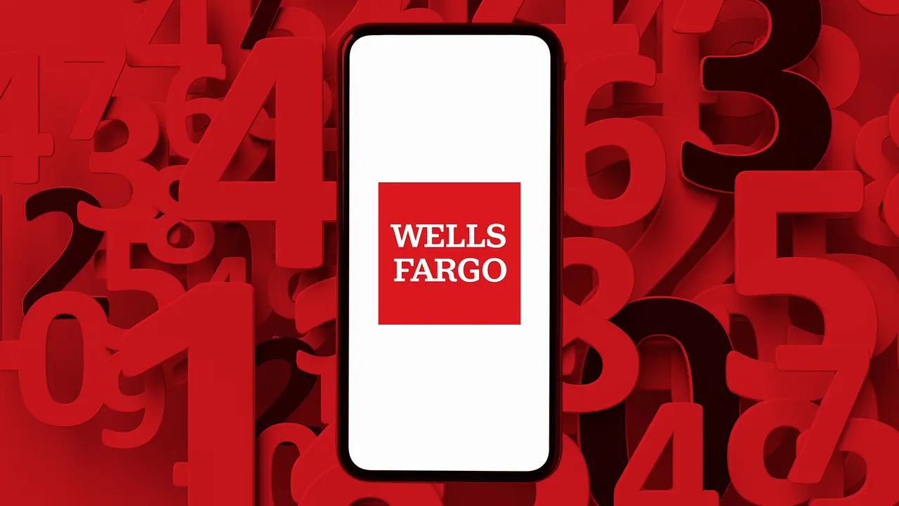 Red background of numbers with a mobile phone on top showing the Wells Fargo logo on the screen