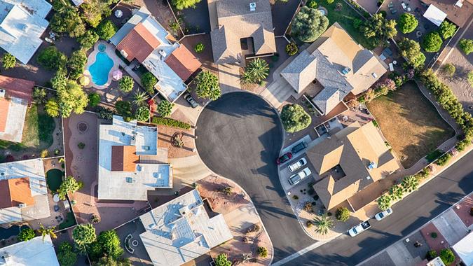 Aerial view looking directly down on a cul-de-sac in a planned exclusive residential community in the Scottsdale area of Arizona.