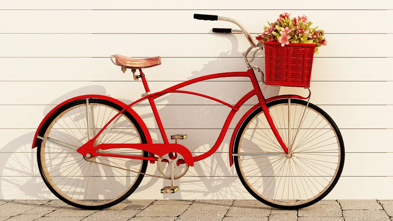 red retro bicycle with basket and flowers.