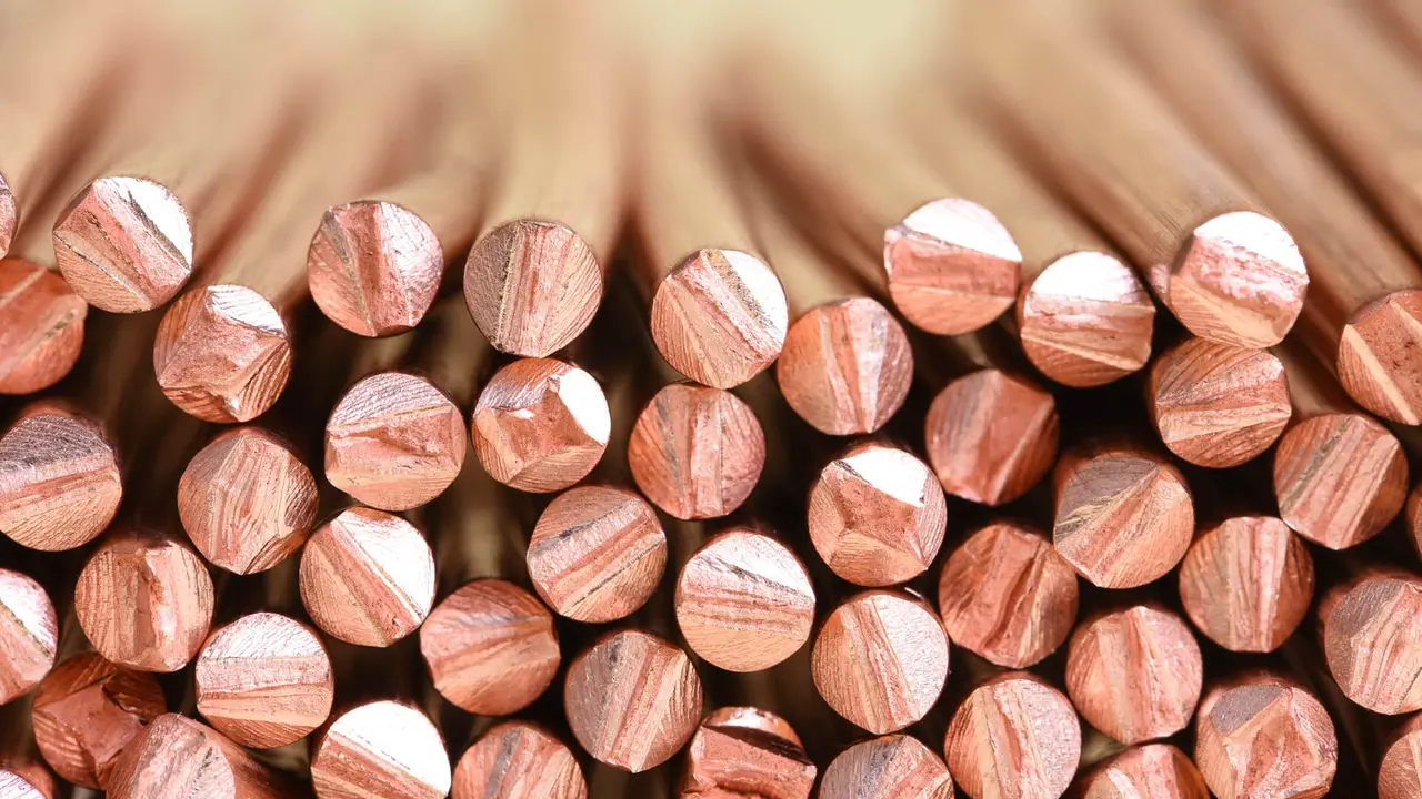 Electrical power cable close-up with selective focusCopper wire raw materials and metals industry and stock market concept.