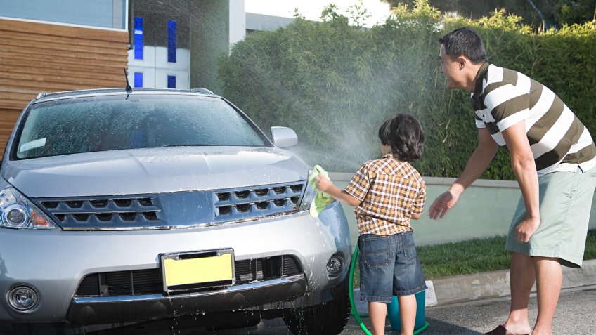 Bonding, Care, Childhood, Day, Driveway, East Asian Ethnicity, Father, Horizontal, Hose, Life, Male, Photography, Son, Spraying, Togetherness, Two People, WASH, Water, Young Adult, automobile, boy, child, cleaning, cloth, color, house exterior, leisure, man, outside, parenthood, transport, young man