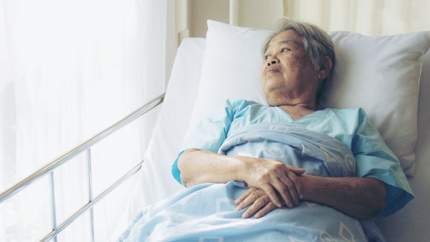 Lonely Elderly patients in hospital bed patients want to go home - medical and healthcare concept.