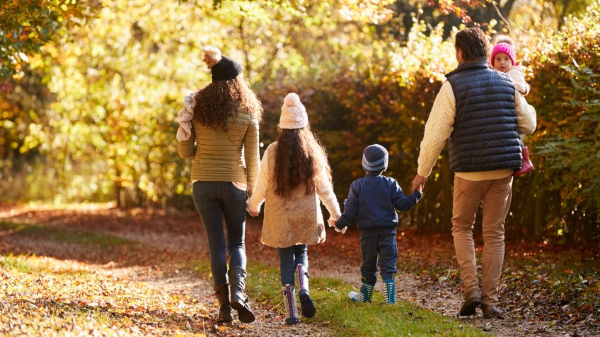 Rear View Of Family Enjoying Autumn Walk In Countryside.