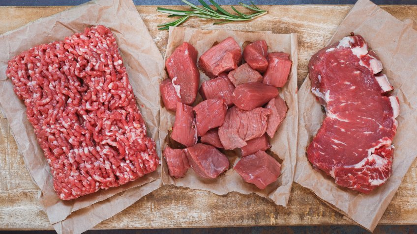 Fresh raw angus beef meat, whole, ground and chopped on parchment paper , wooden cutting board, stone background, top view.