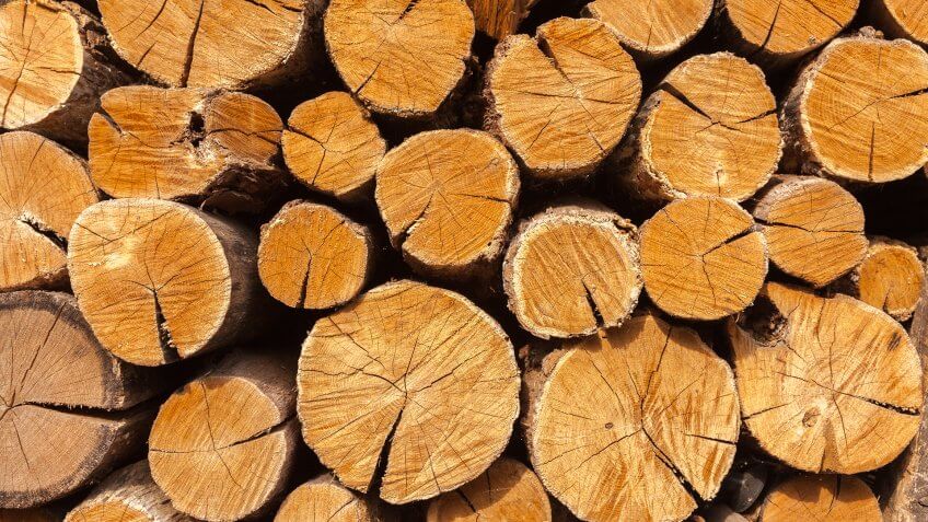 Dry oak firewood stacked in a pile, not chopped whole wood for winter heating fireplace.