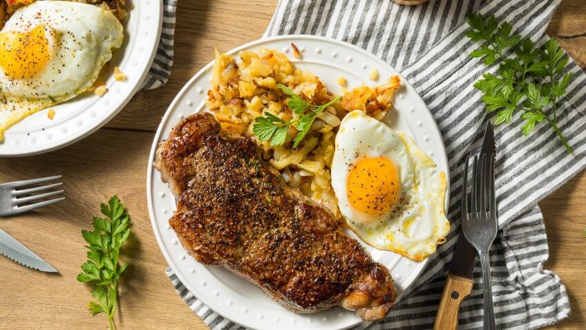 Homemade Steak and Eggs Breakfast with Potatoes.