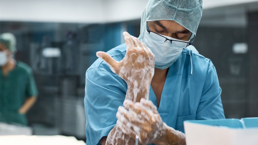 Veterinarian washing hands with soap.