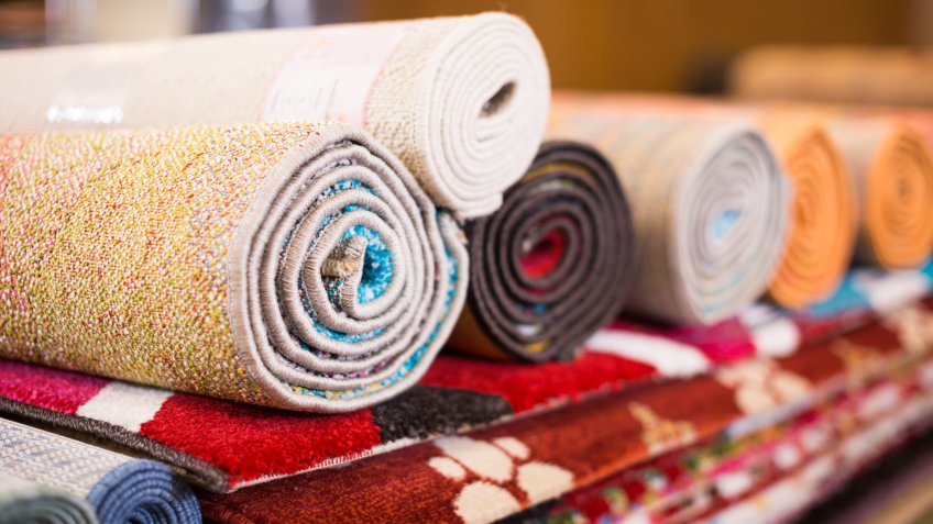 Stack of traditional colorful carpets in carpet shop, nobody.