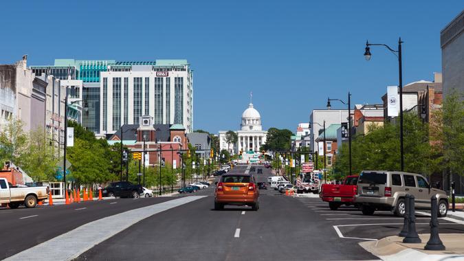 Montgomery, Alabama, USA - April 22, 2015:  View of the Alabama State Capitol looking down Dexter Ave.