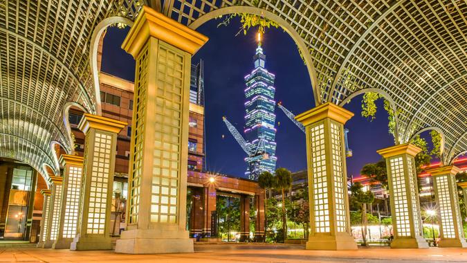 Golden Corridor and The City Night View at The Cathay Financial Holdings Square at XinYi District, Taipei, Taiwan - Image.