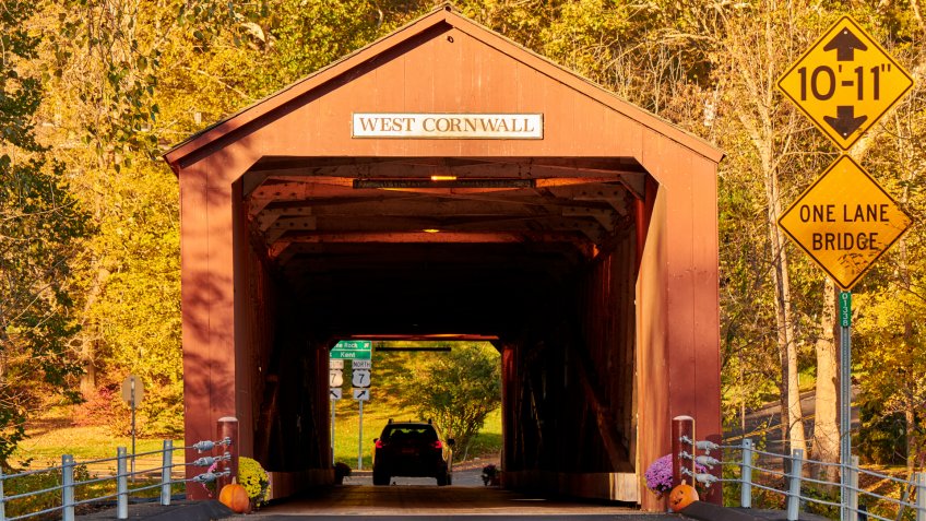 Covered bridge along scenic Route 7 in West Cornwall, Connecticut, USA.