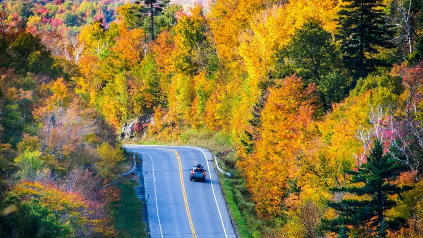 An automobile applies its brakes as it approches a sharp curve on the roadway through Camel's Hump State Forest (Rte.