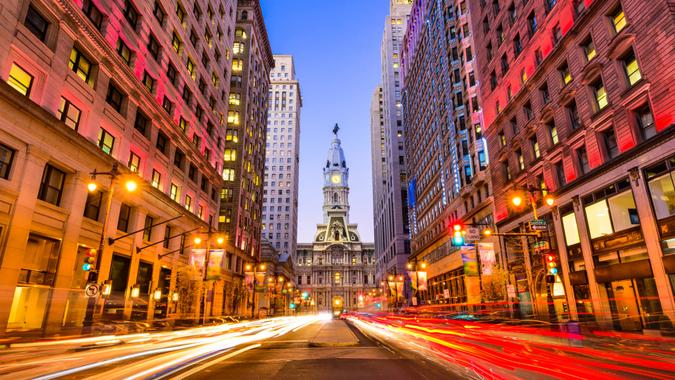 Philadelphia, Pennsylvania, USA downtown cityscape on Broad Street at City Hall.