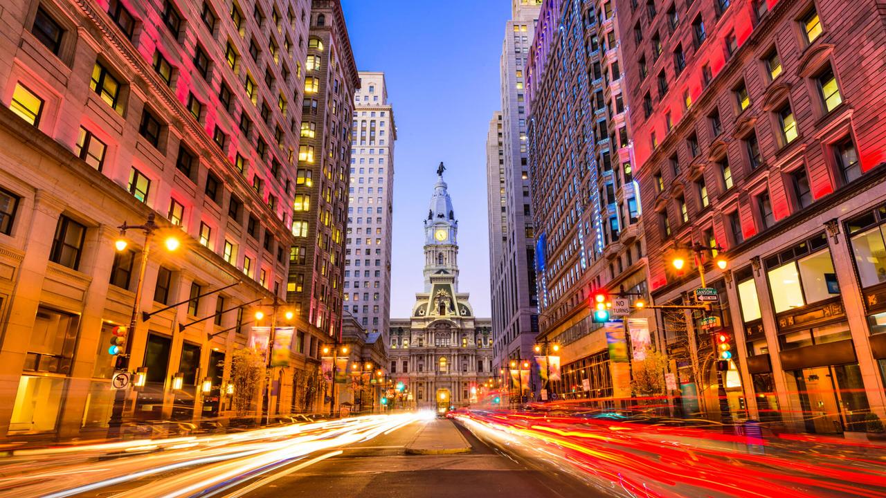 Philadelphia, Pennsylvania, USA downtown cityscape on Broad Street at City Hall.