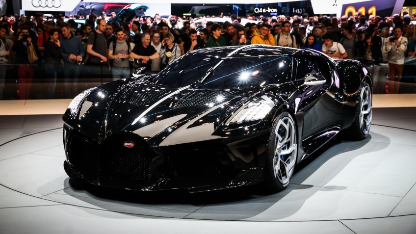 Geneva, Switzerland - March 10, 2019: The most expensive luxury car in the world Bugatti La Voiture Noire presented at the annual Geneva International Motor Show 2019.
