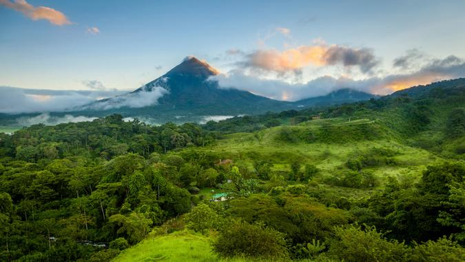 Scenic view of Arenal Volcano in central Costa Rica at sunrise.