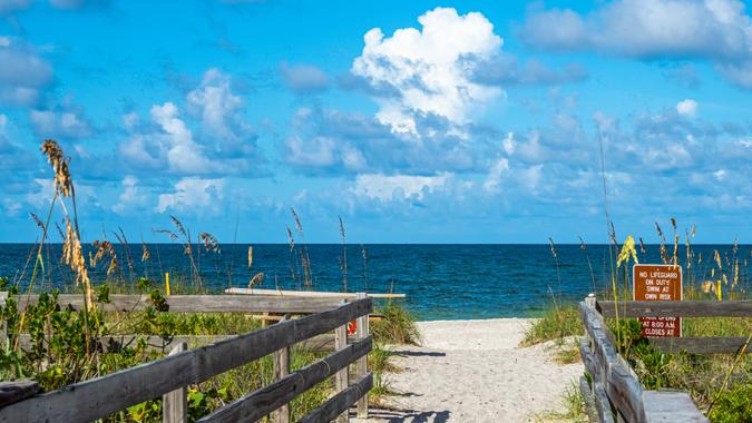 Walkway to beach in Stump Pass State Park on the Gulf of Mexico in Englewood in Southwest Florida - Image.