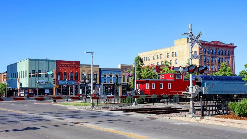 Fargo, North Dakota, USA - June 12, 2017: Daytime view of Fargo's historic Front Street now Main Street in the heart of the downtown district.