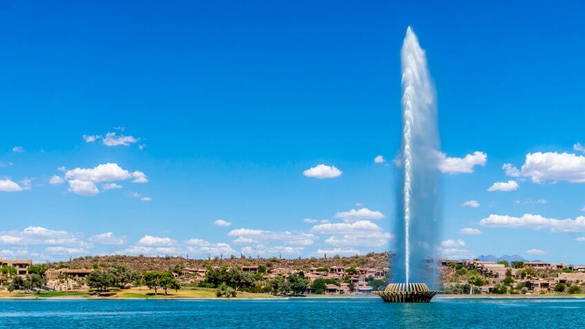 America's highest fountain at the town of Fountain Hills in Arizona - Image.