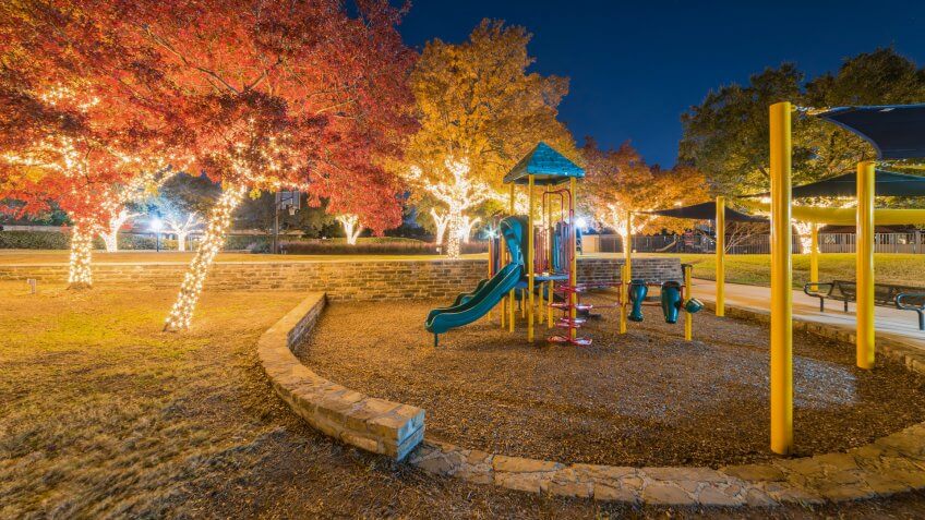 Holiday lightings at public park with playground near Dallas, Texas, USA.