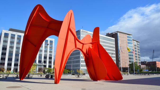 GRAND RAPIDS, MI / USA - OCTOBER 15, 2017: La Grande Vitesse, shown here, was funded by the Art in Public Places program of the National Endowment for the Arts as its first public art work.