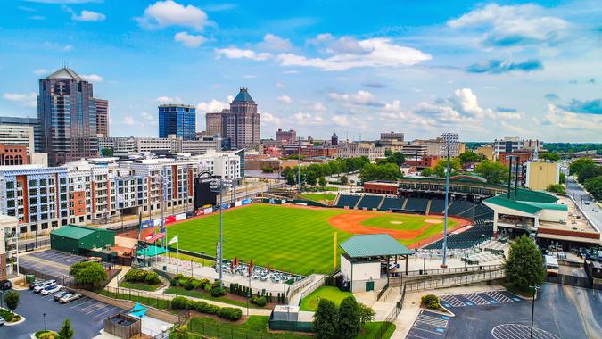 Drone Aerial of Downtown Greensboro North Carolina NC Skyline - Image.