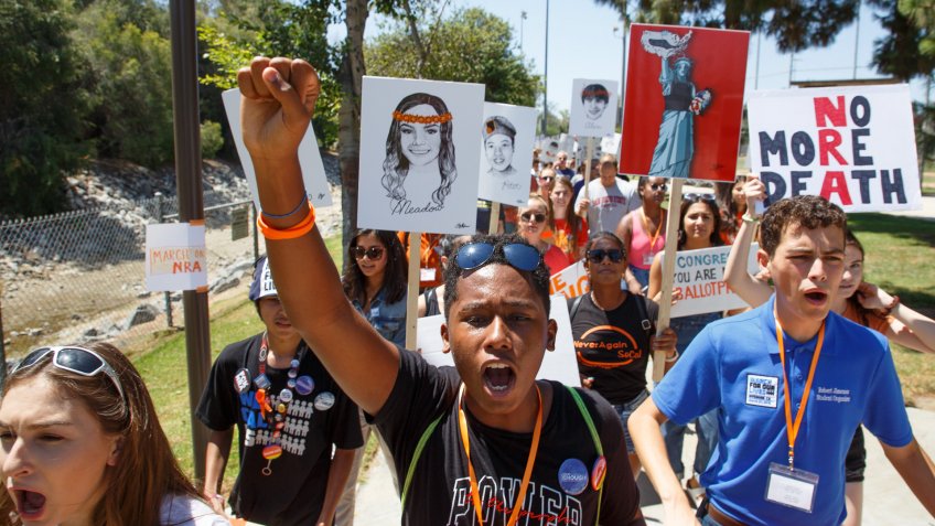 Mandatory Credit: Photo by EUGENE GARCIA/EPA-EFE/Shutterstock (9779908a)Students in support of gun control protest against the National Rifle Association (NRA) during a march in Brea, California, USA, 04 August 2018.