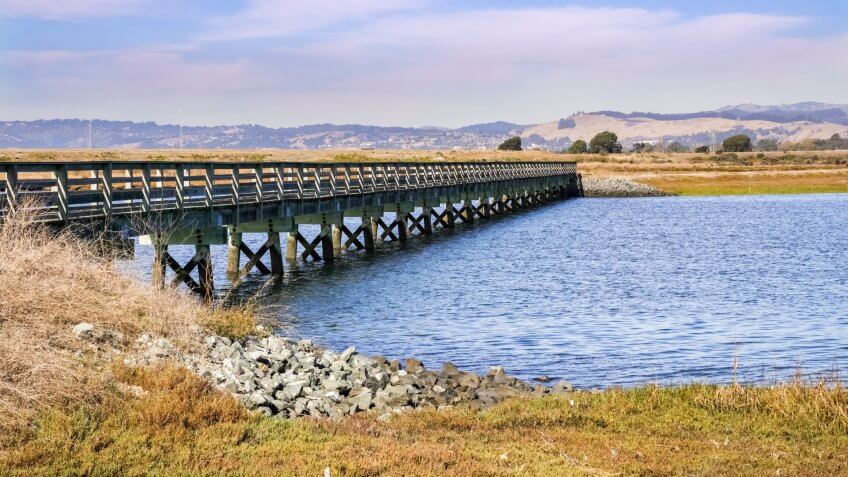 Bridge over the marshes of East San Francisco Bay, Hayward, California.