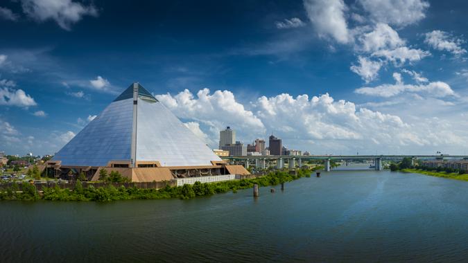 MEMPHIS, TENNESSEE - JUNE 28 2019: Panoramic view of the Bass Pro Shops at the Memphis Pyramid, downtown Memphis, the Wolf Creek Harbor, and the Hernando DeSoto Bridge, from the AW Willis Ave bridge.