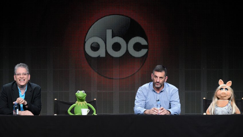 Muppets producer Bill Prady with Kermit and Miss Piggy