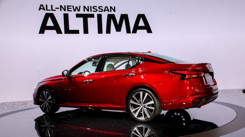 NEW YORK CITY-MARCH 28: Nissan Altima Platinum shown at the New York International Auto Show 2018, at the Jacob Javits Center.