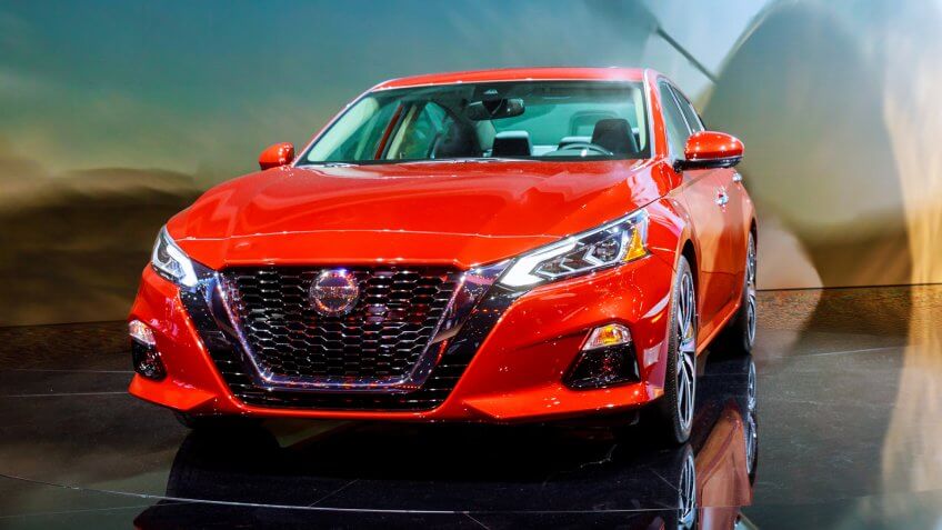 New York, NY USA - APRIL 20, 2019: Nissan Altima car on display New York International Auto Show at Jacob Javits Center - Image.