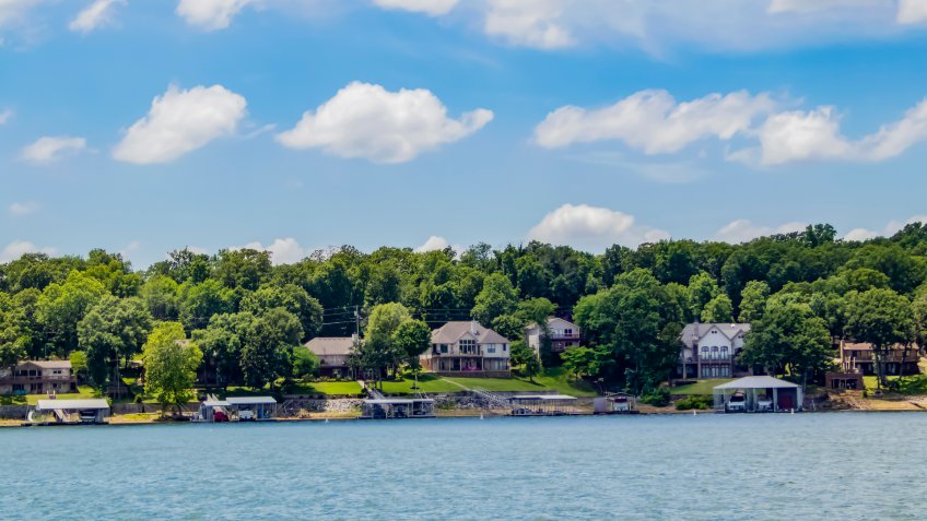 Upscale homes with boat docks built along the edge of a lake with tall green trees under a blue sky with fluffy clouds - Image.
