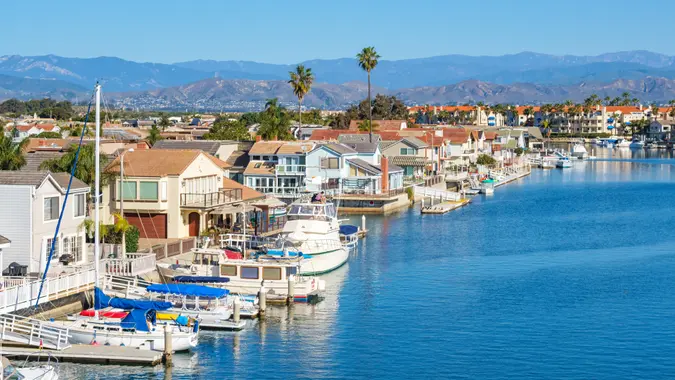 Houses on the waterfront in Oxnard, California, USA on a sunny day.