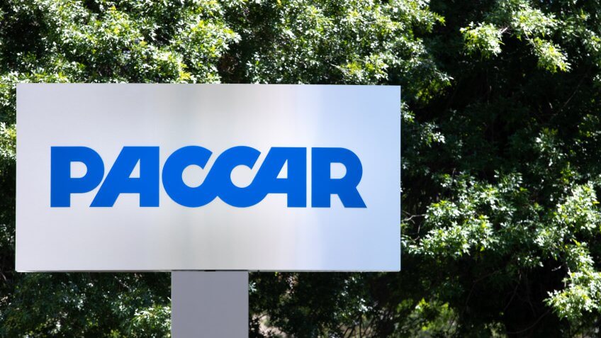 Bellevue, Washington / USA - July 11 2018: Paccar logo and sign, in front of the headquarters building for the heavy duty vehicle manufacturer, with space for text - Image.