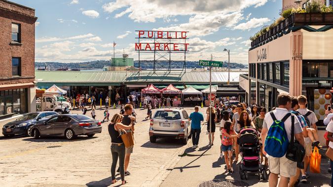 Pike Place Public Market Center in Seattle Seattle, Washington, USA - July 6, 2018: Pike Place Market or Public Market Center in summer season, Seattle, Washington, USA.