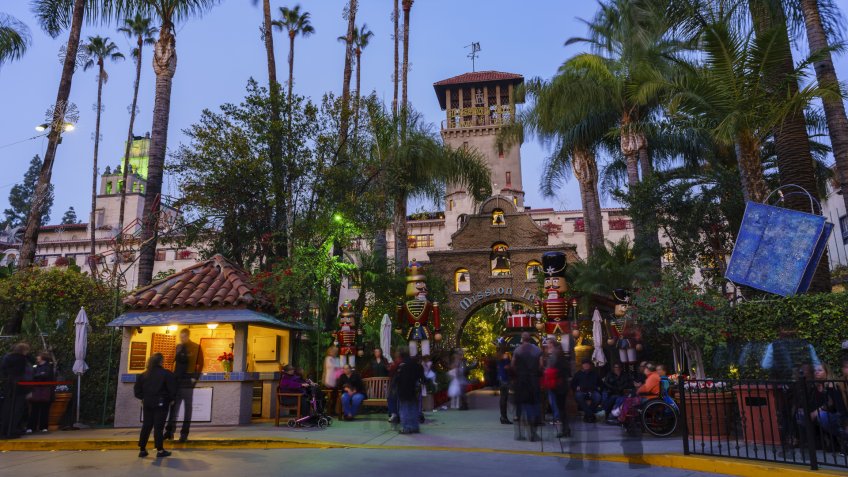 Riverside, DEC 10: Exterior main entrance of the Historical Mission Inn during twilight, christmas on DEC 10, 2016 at Riverside, California - Image.