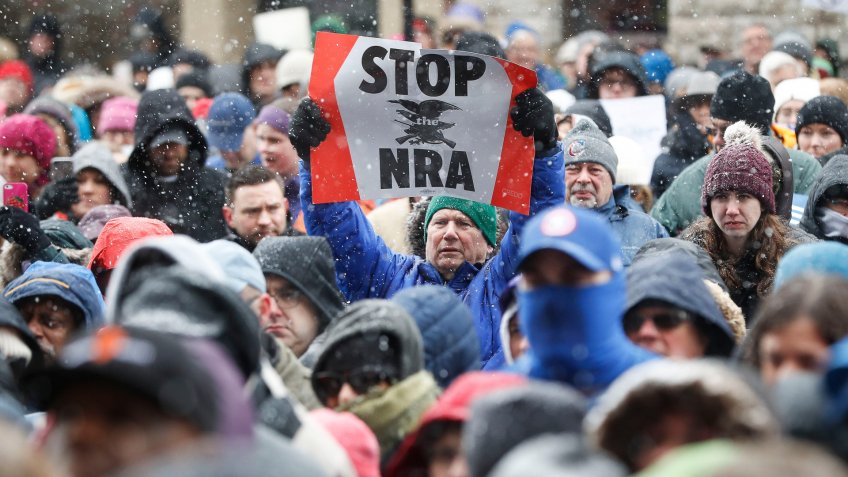 Mandatory Credit: Photo by John Minchillo/AP/Shutterstock (9475377e)A demonstrator holds a "STOP the NRA" sign outside city hall during the "March for Our Lives" protest for gun legislation and school safety, in Cincinnati.