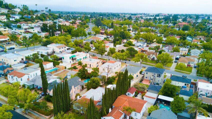 An aerial shot of a neighborhood.