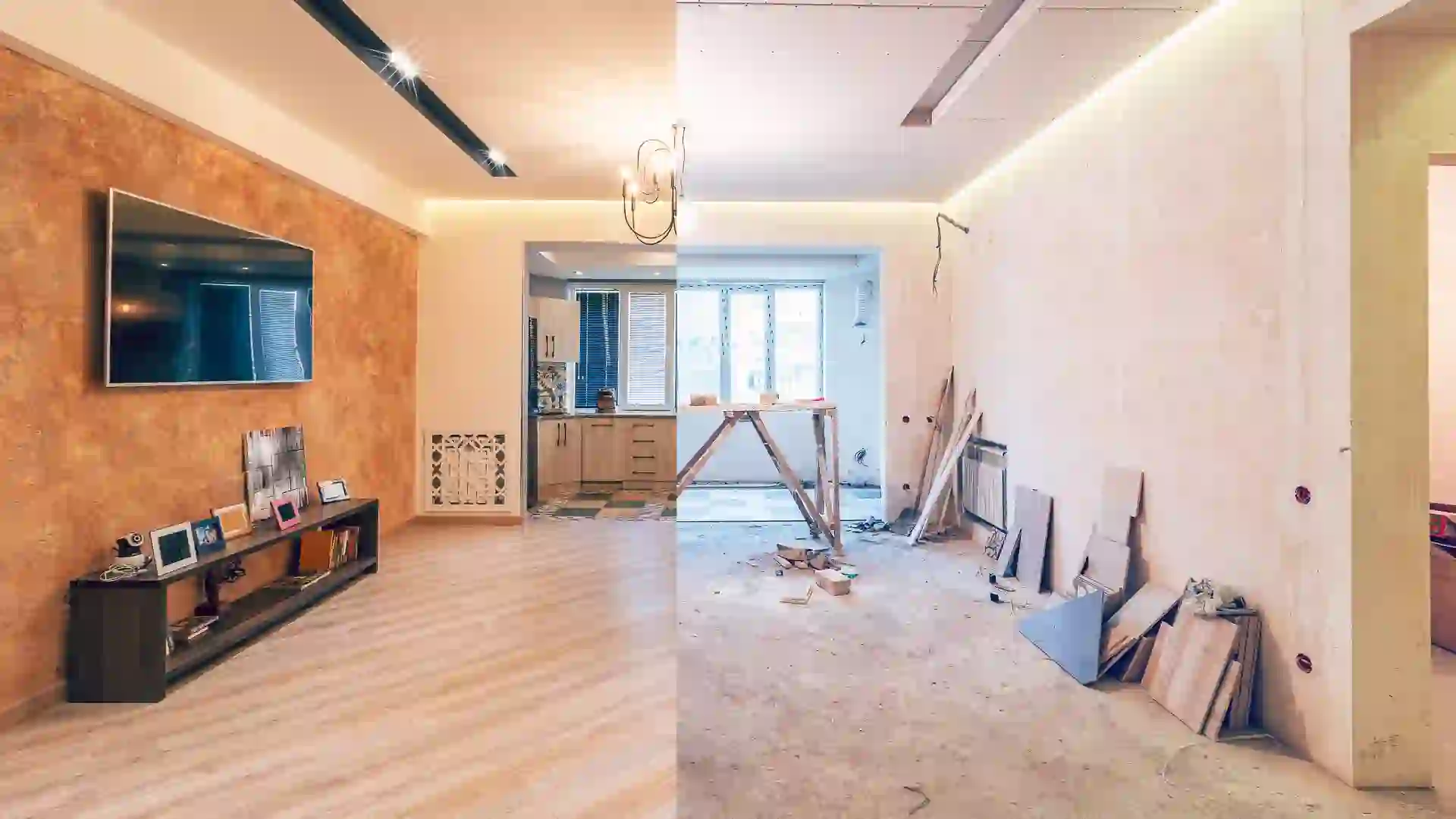 Modern interior design of big living-kitchen studio room, before and after.