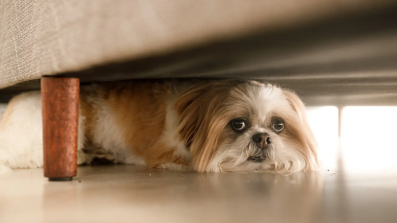 dog hiding under furniture