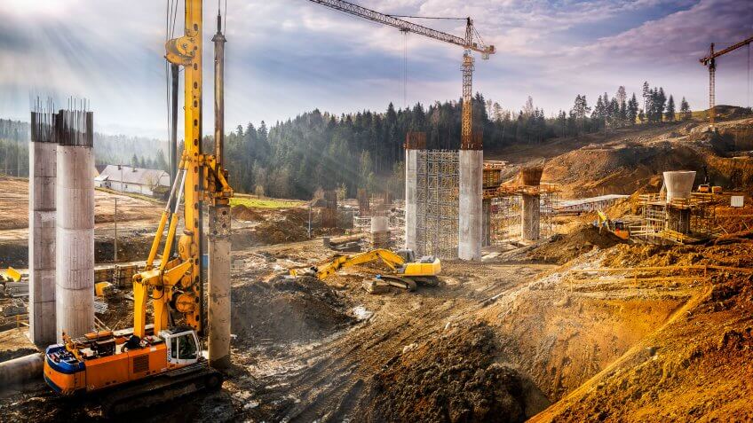 Sunset over construction of the viaduct on the new S7 highway, Rabka, Poland.